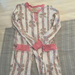 The Beaufort Bonnet pajamas, size 8, floral, pink trim.
